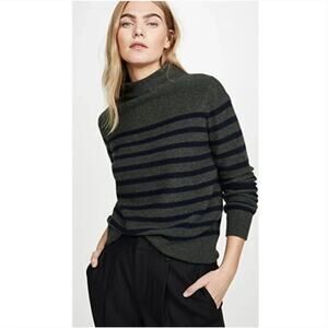 Vince Breton Stripe Turtleneck Cashmere Sweater In Heather Moss/ Coastal